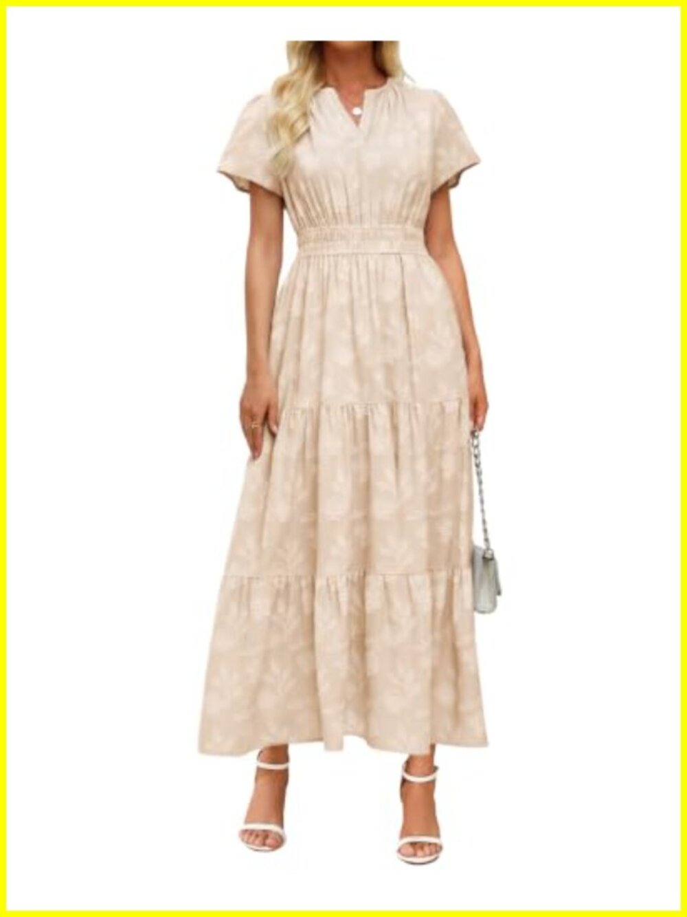 Boho Maxi Dress Floral V-Neck Smocked Empire Waist Short Puff Sleeve Pockets